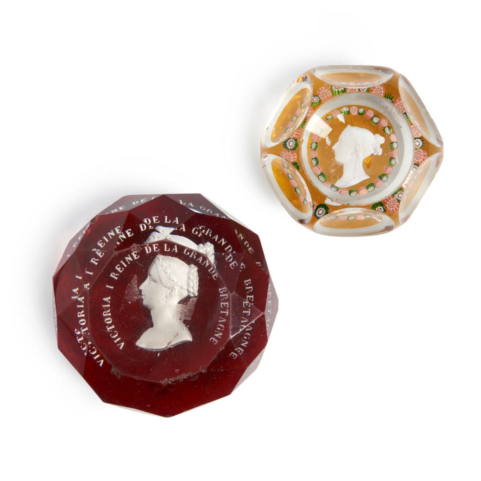 TWO VICTORIA REGINA SULPHIDE PAPERWEIGHTS, France, faceted with bust of the Queen and inscriptio...