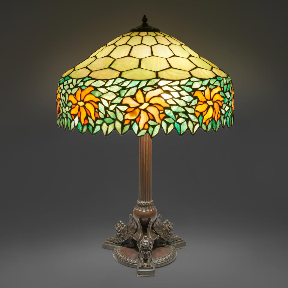 HANDEL BRONZE TABLE LAMP WITH MOSAIC GLASS SHADE, Meriden, Connecticut, c. 1920, base with griff... - Image 4 of 4