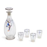 MARCEL GOUPY (1886-1977) ENAMELED GLASS DECANTER WITH FOUR CORDIALS, France, c. 1925, decanter, ...