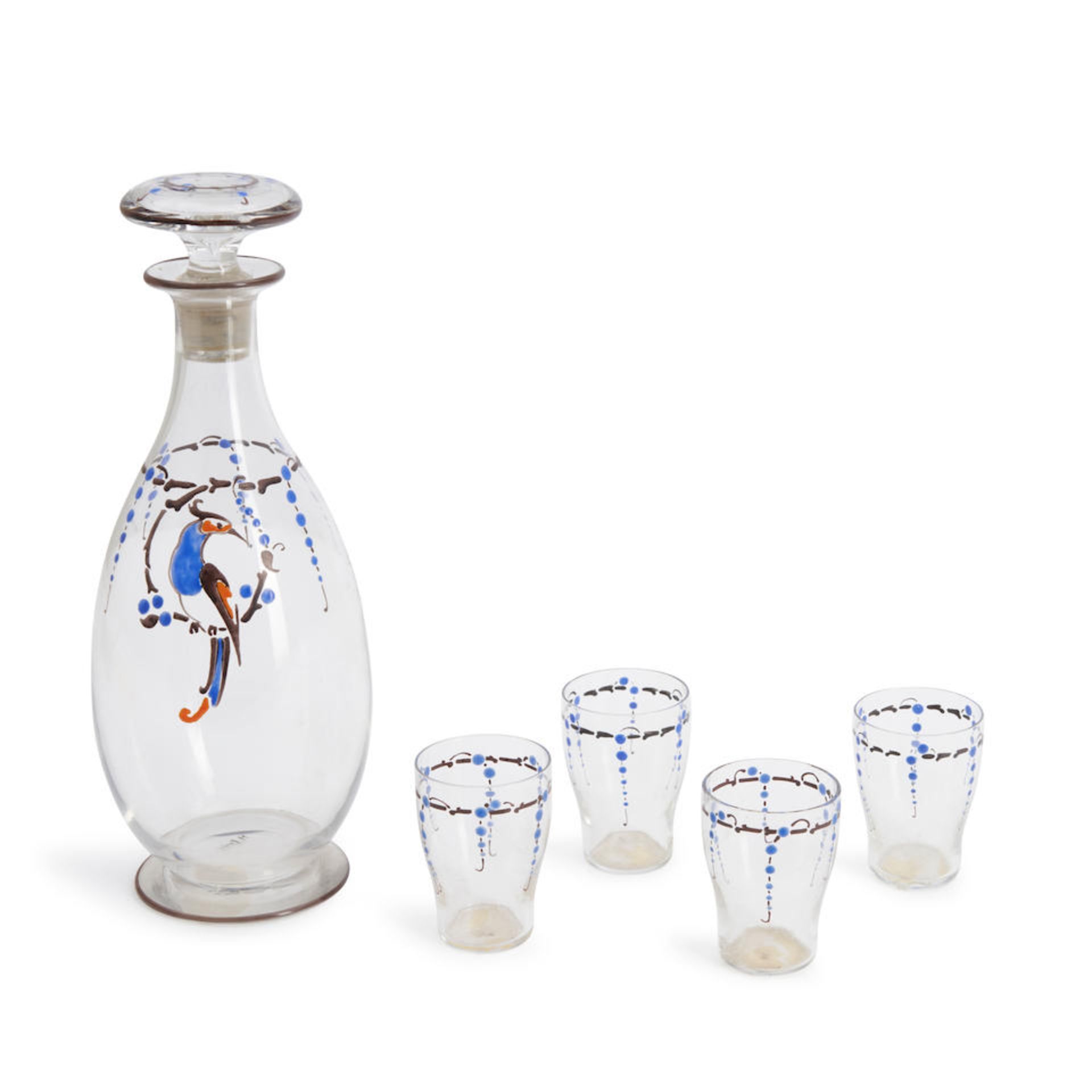 MARCEL GOUPY (1886-1977) ENAMELED GLASS DECANTER WITH FOUR CORDIALS, France, c. 1925, decanter, ...