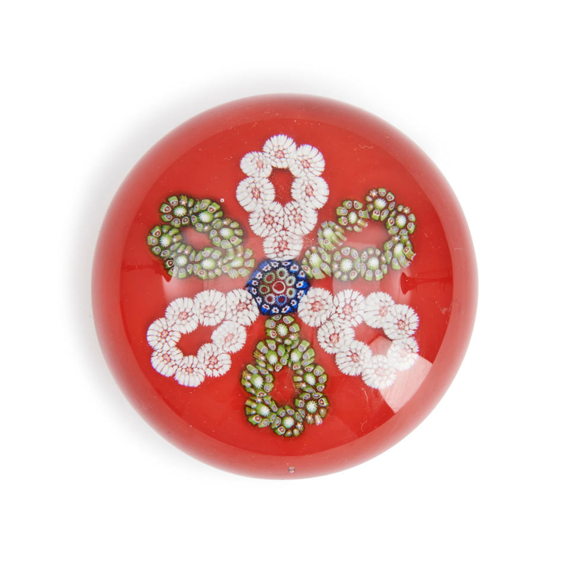 FRENCH GLASS PAPERWEIGHT WITH MILLEFIORI GARLANDS ON RED GROUND, ht. 1 3/4, dia. 2 7/8 in.