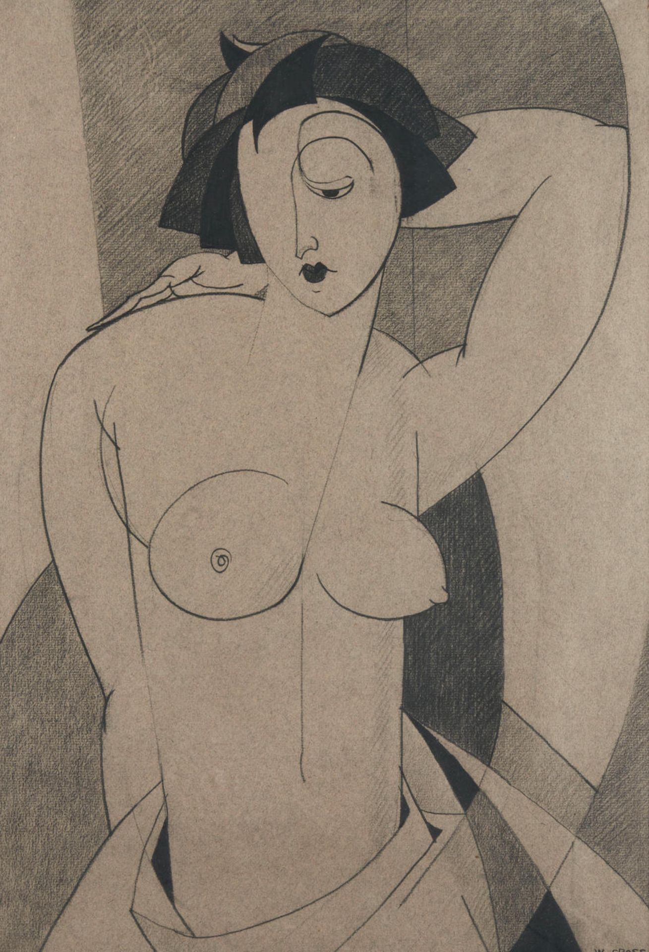 CUBIST SCHOOL DRAWING DEPICTING A NUDE WOMAN, probably United States, c. 1930, charcoal on paper...