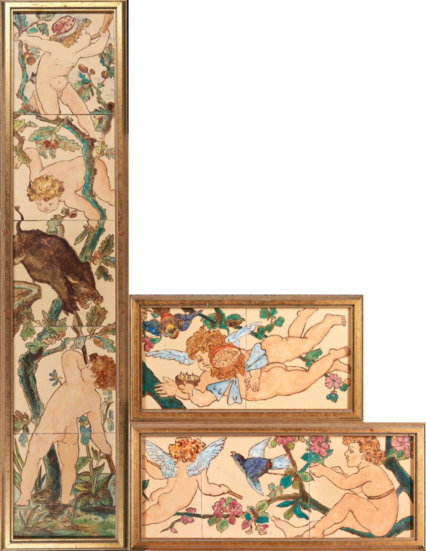 THREE MINTONS CHINA WORKS PUTTI TILE PANELS ATTRIBUTED TO WILLIAM STEPHEN COLEMAN, Stoke-on-Tren...