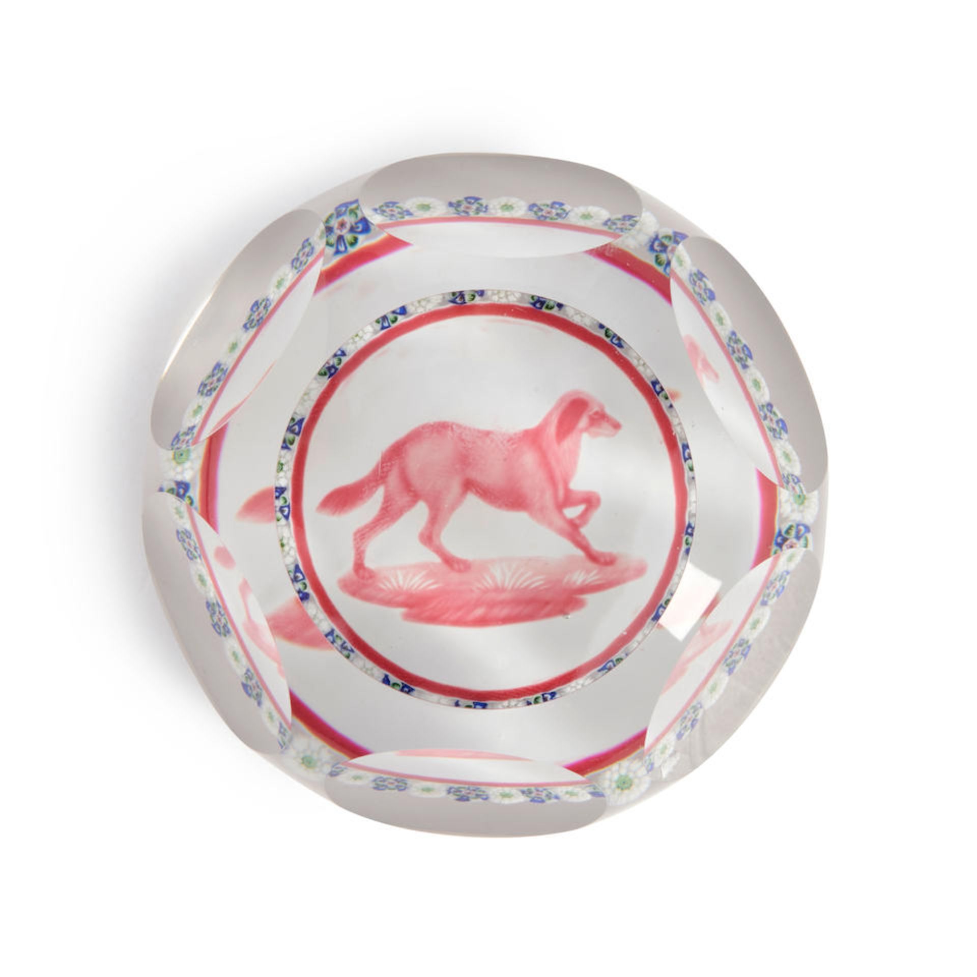 BACCARAT FACETED GARLANDED CAMEO GLASS PAPERWEIGHT, France, image of a dog on point surrounded b...