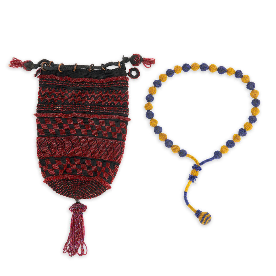 WIENER WERKSTATTE BEADED NECKLACE AND DRAWSTRING PURSE, Vienna, Austria, early 20th century, unm...