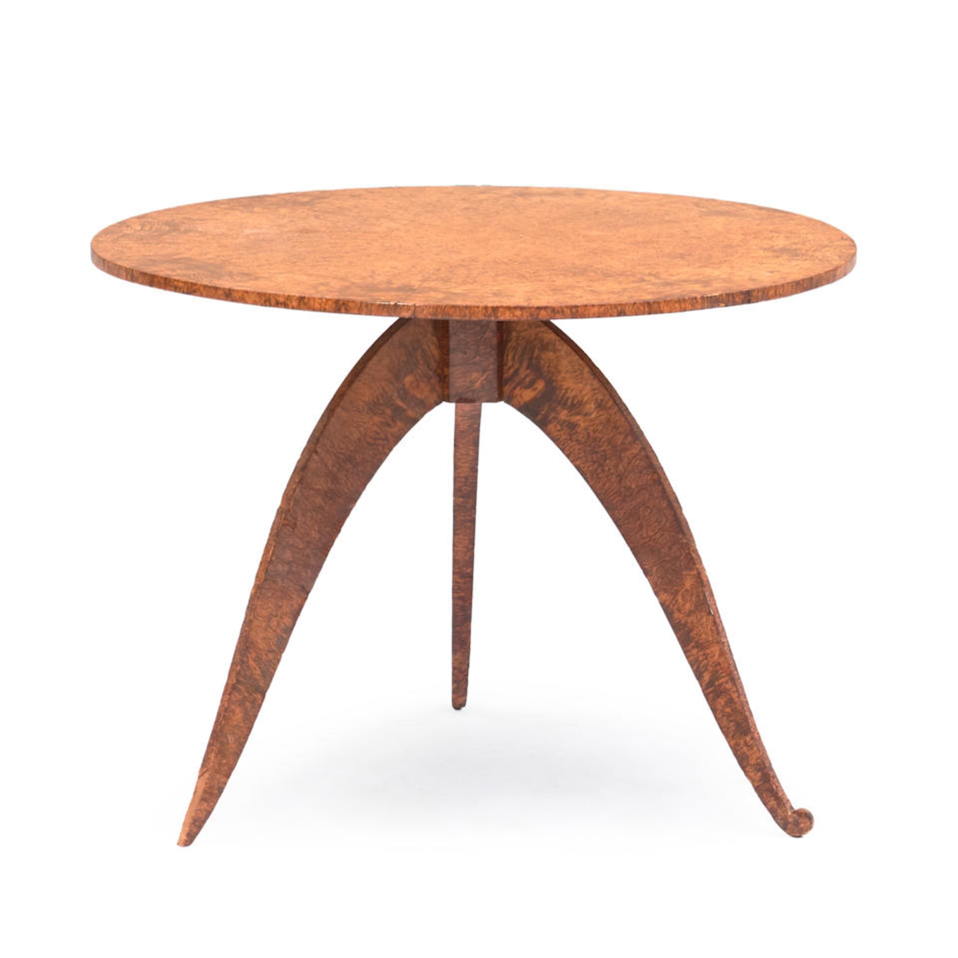 BURLWOOD-VENEER CENTER TABLE, early 20th century, circular top set on tripod base, legs ending i...