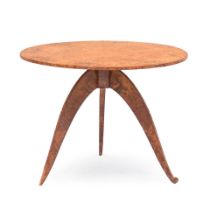 BURLWOOD-VENEER CENTER TABLE, early 20th century, circular top set on tripod base, legs ending i...