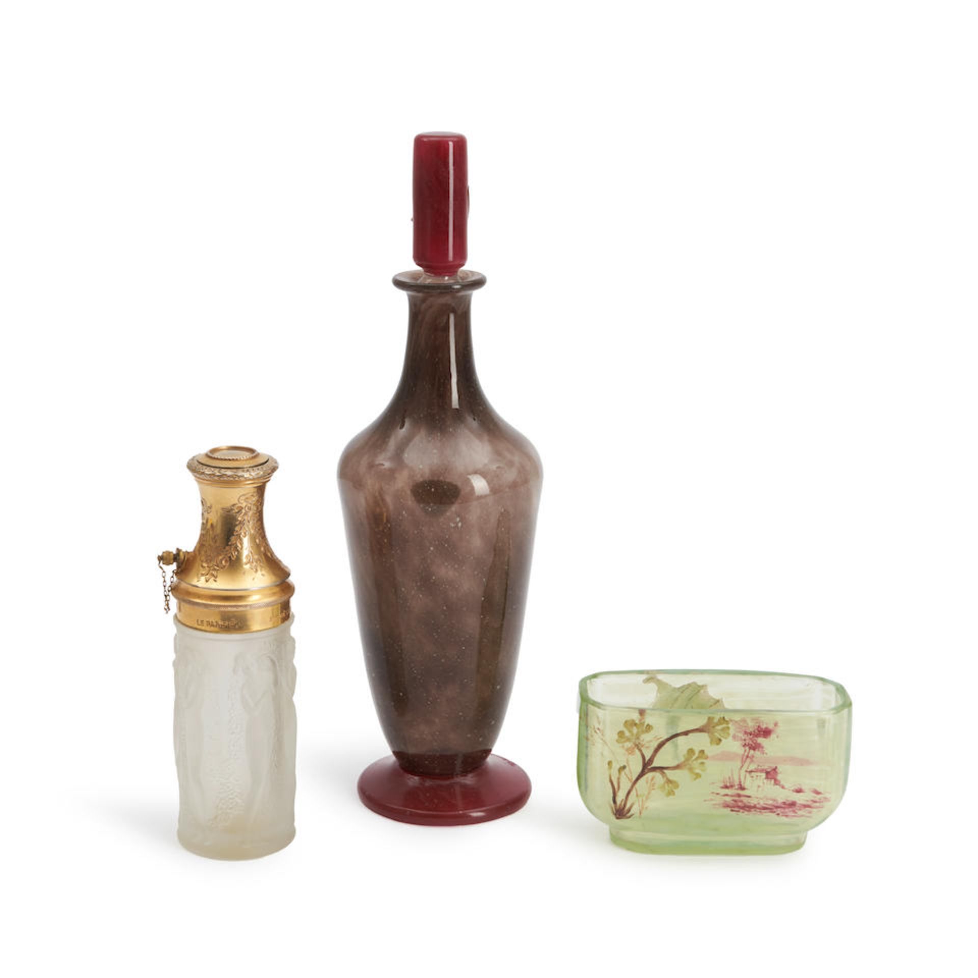 THREE DAUM, GALLE, AND LALIQUE ART GLASS ITEMS, perfume with stopper, Daum, Nancy, France, c. 1...