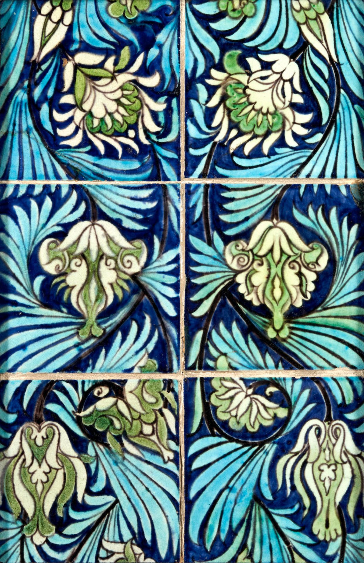 SIX WILLIAM DE MORGAN 'PERSIAN' TILES, England, late 19th century, each tile 6 x 6, set in a com...