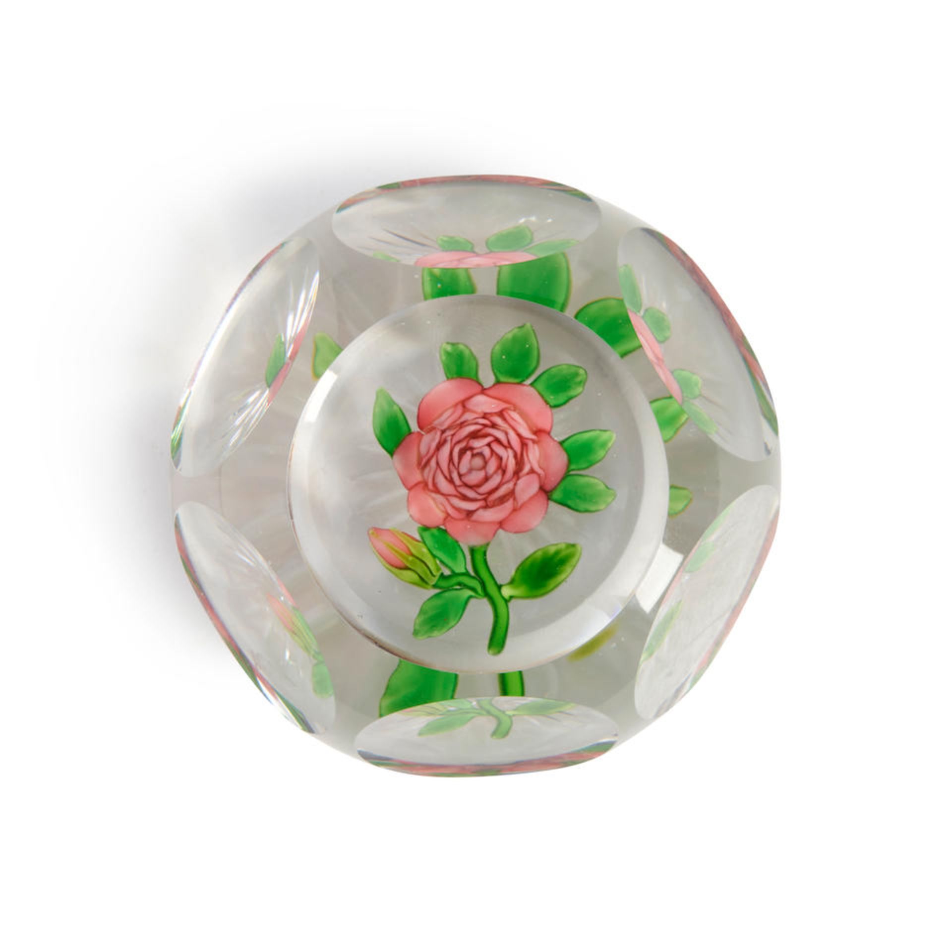 BACCARAT FACETED THOUSAND-PETALLED ROSE GLASS PAPERWEIGHT, France, mid-19th century, ht. 1 3/4, ...