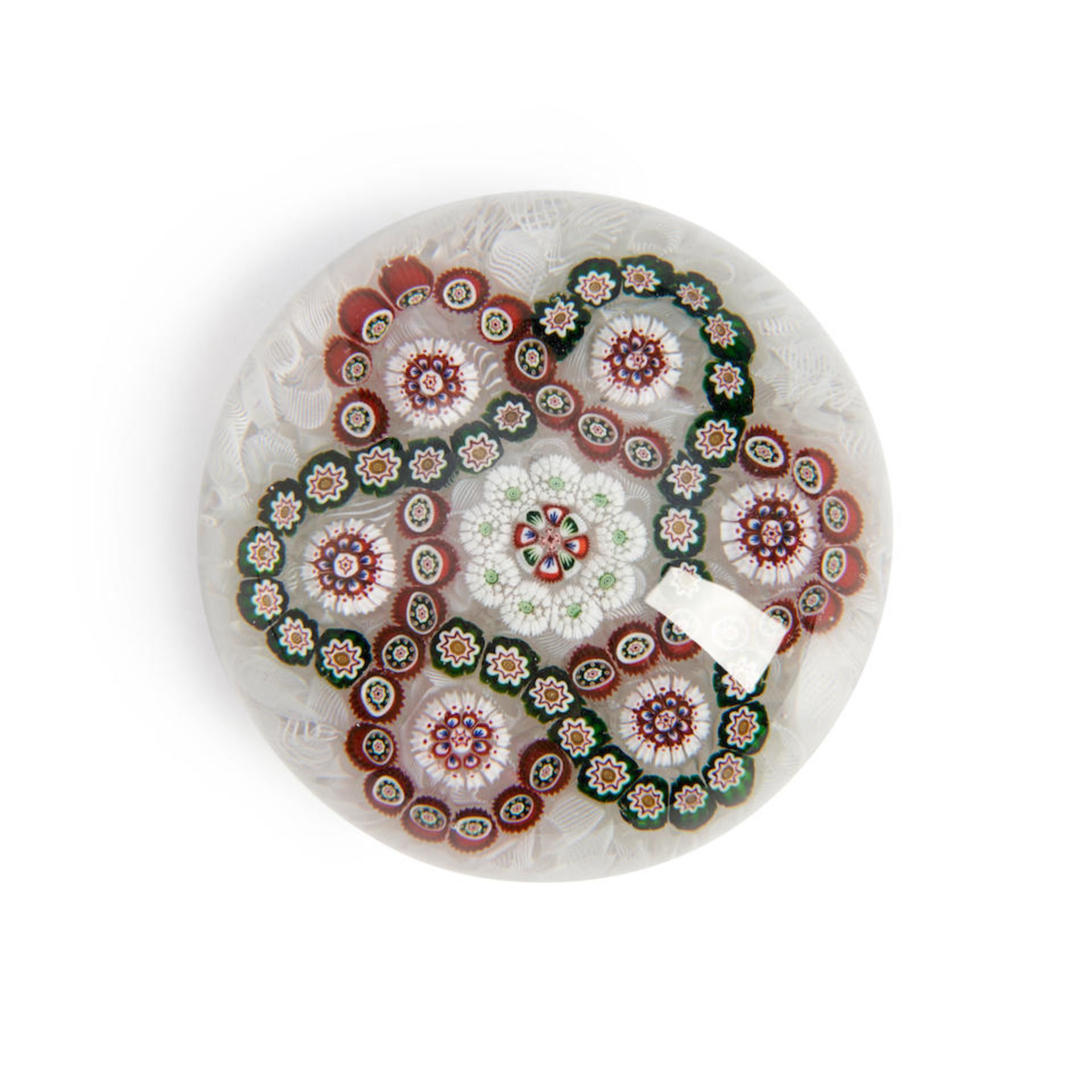 BACCARAT GARLANDED CIRCLETS MILLEFIORI GLASS PAPERWEIGHT, France, ht. 2 1/2, dia. 2 3/4 in.