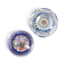 TWO MUSHROOM MILLEFIORI GLASS PAPERWEIGHTS, France, faceted ht. 2, with spiral garland ht. 1 3/4...