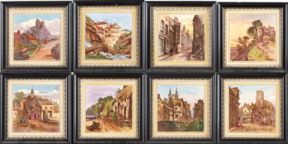 EIGHT WILLIAM WISE FOR MINTON TRANSFER-DECORATED TILES DEPICTING BRITISH AND EUROPEAN SCENES, En...