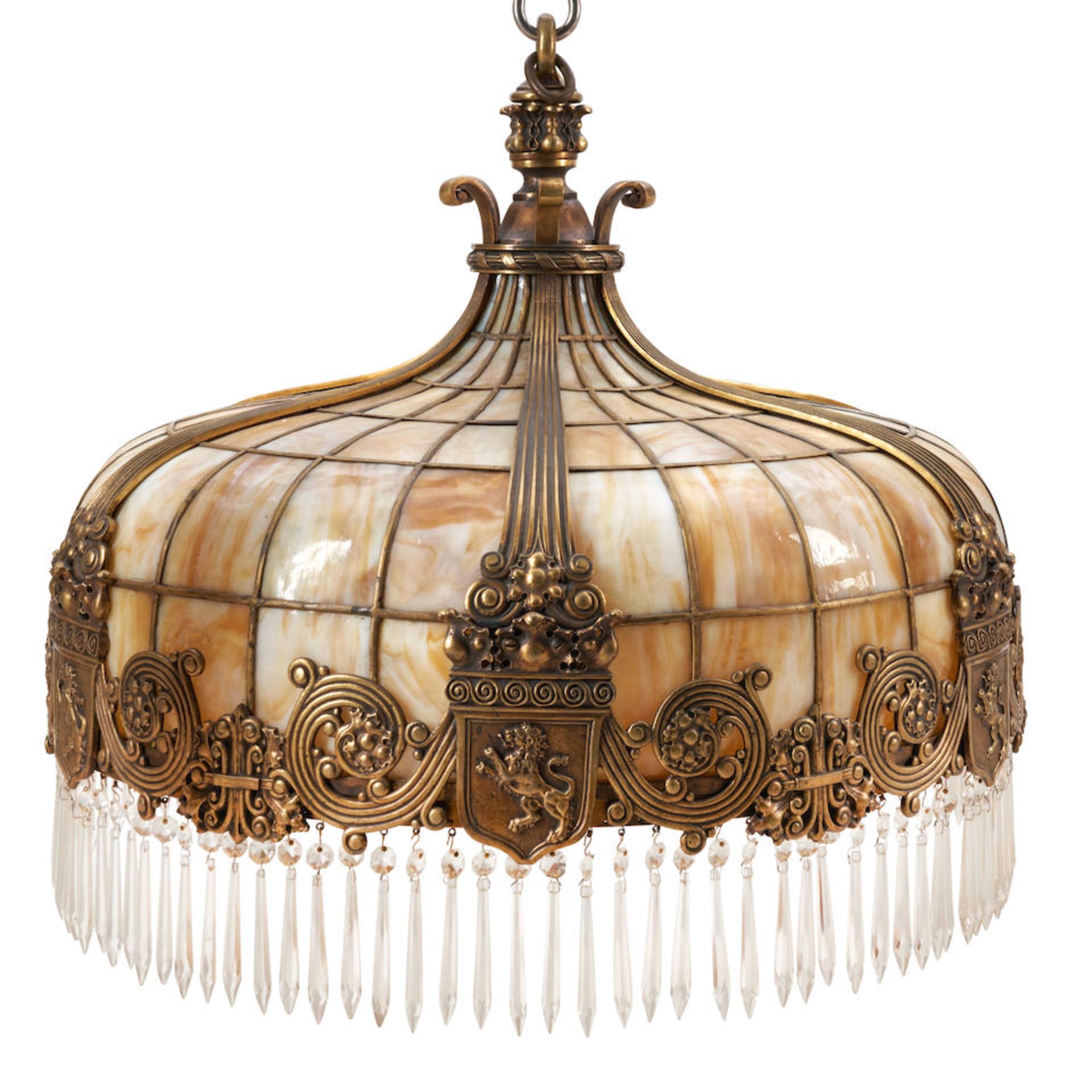 LEADED GLASS CHANDELIER ATTRIBUED TO DUFFNER AND KIMBERLY, New York, New York, c. 1910, gilt bro...