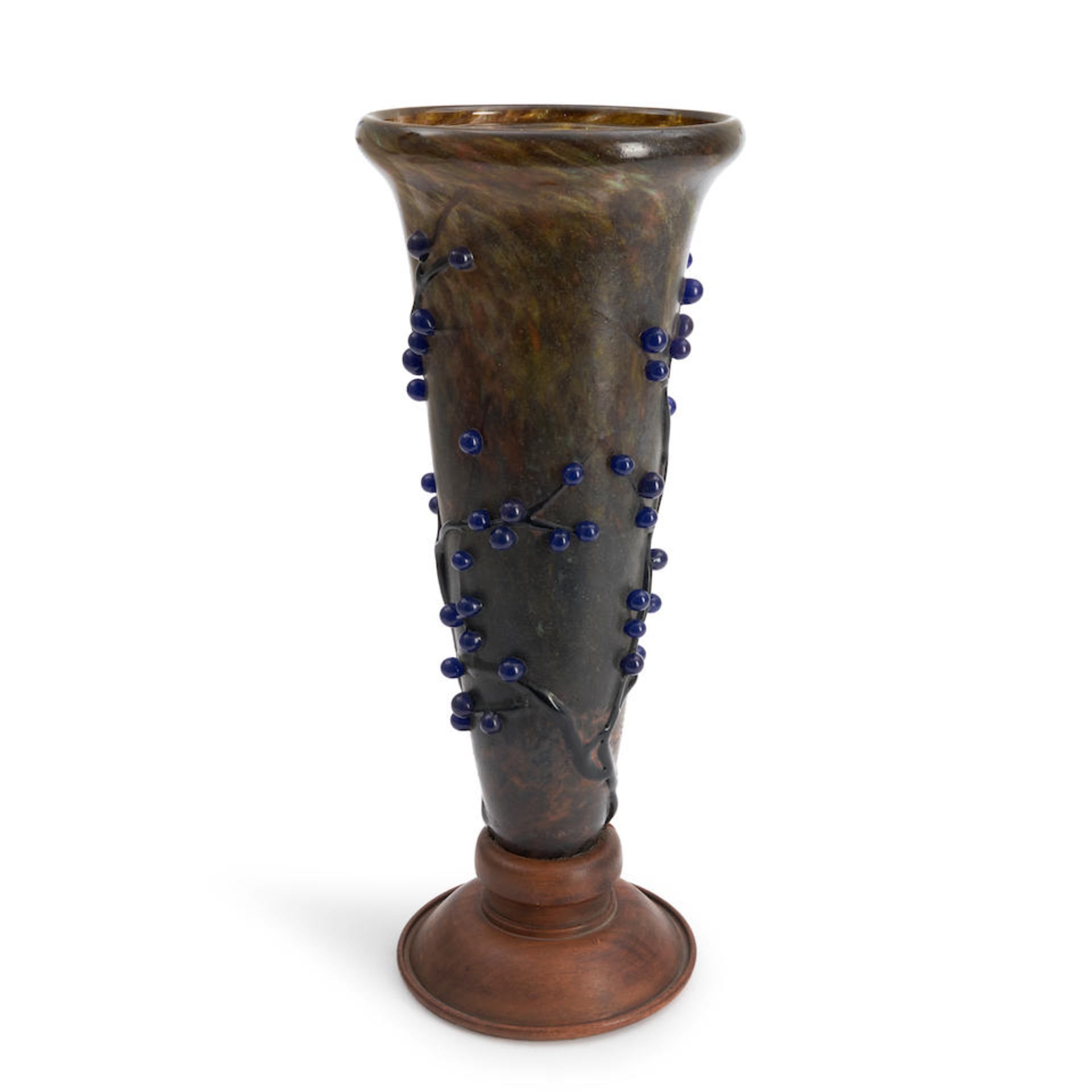 DAUM VITRIFIED GLASS VASE WITH APPLIED BLUE BERRIES, Nancy, France, c. 1915, turned walnut base,...