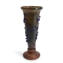 DAUM VITRIFIED GLASS VASE WITH APPLIED BLUE BERRIES, Nancy, France, c. 1915, turned walnut base,...