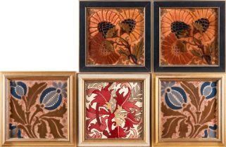 FIVE FLORAL TILES BY MAW, DOULTON, AND FLAXMAN, England, c. 1900, all with maker's marks, tiles ...