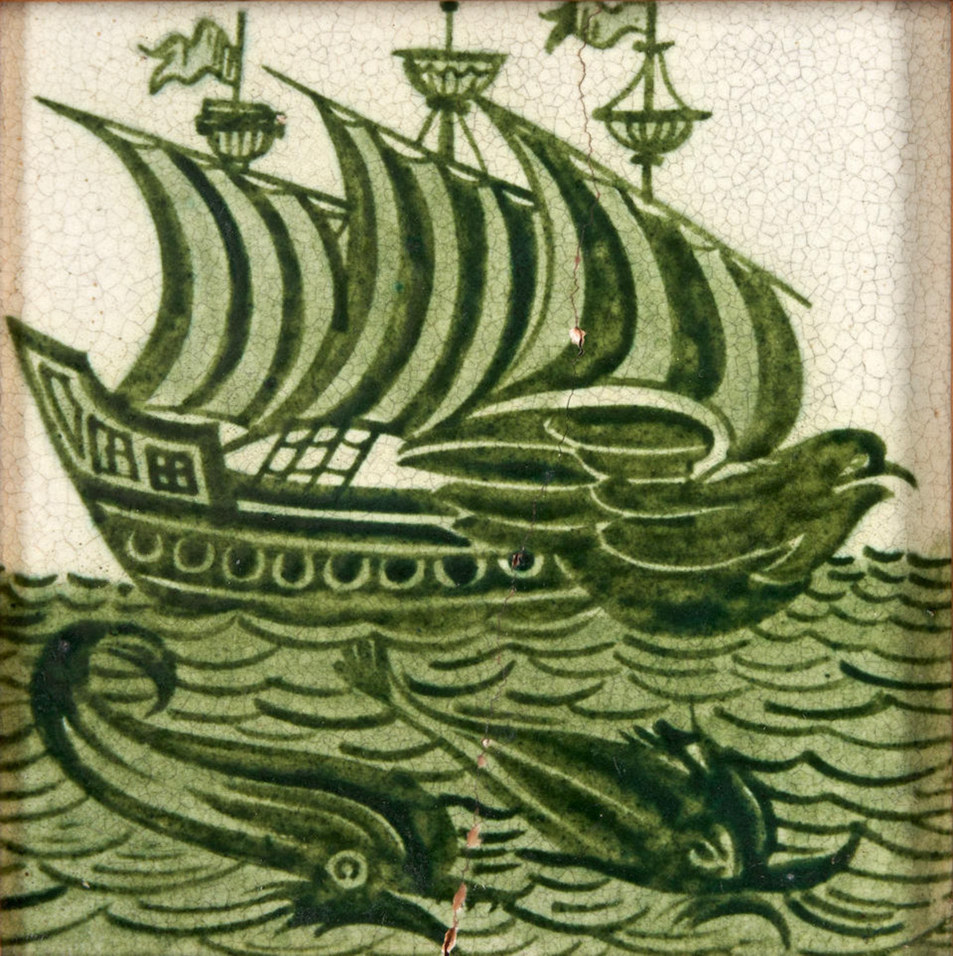 TWO WILLIAM DE MORGAN 'GALLEON' GREEN GLAZED TILES, England, late 19th century, both with impres... - Image 3 of 3