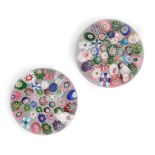 TWO SPACED MILLEFIORI GLASS PAPERWEIGHTS, France, ht. 1 1/2 to 2 1/4 in.