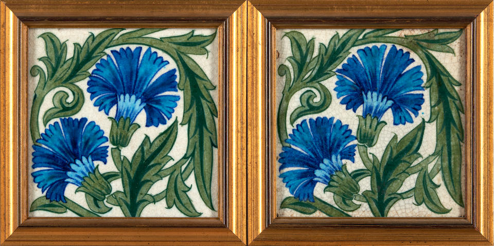 TWO WILLIAM DE MORGAN 'CARNATION' TILES, England, 1882-1888, both with impressed stamp Merton Ab...