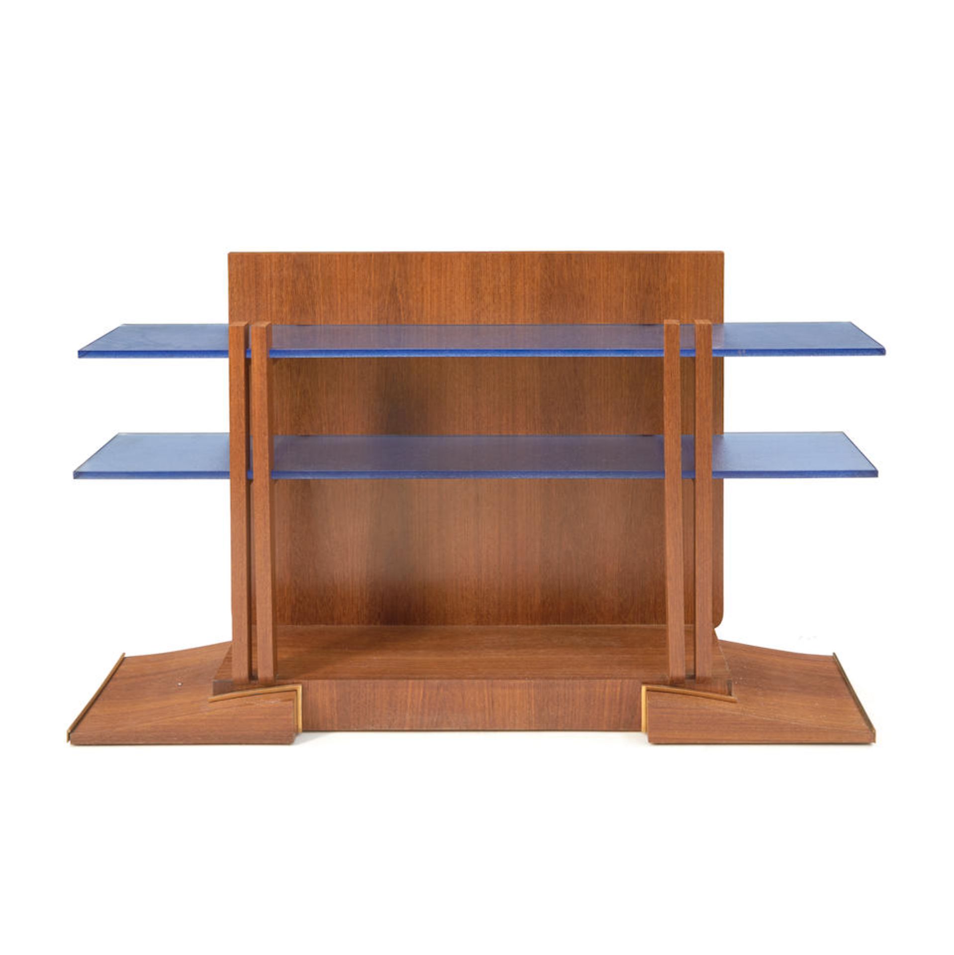 FRENCH ART DECO CONSOL, c. 1930, walnut veneer, walnut, blue glass, unmarked, ht. 39, wd. 63 3/4...