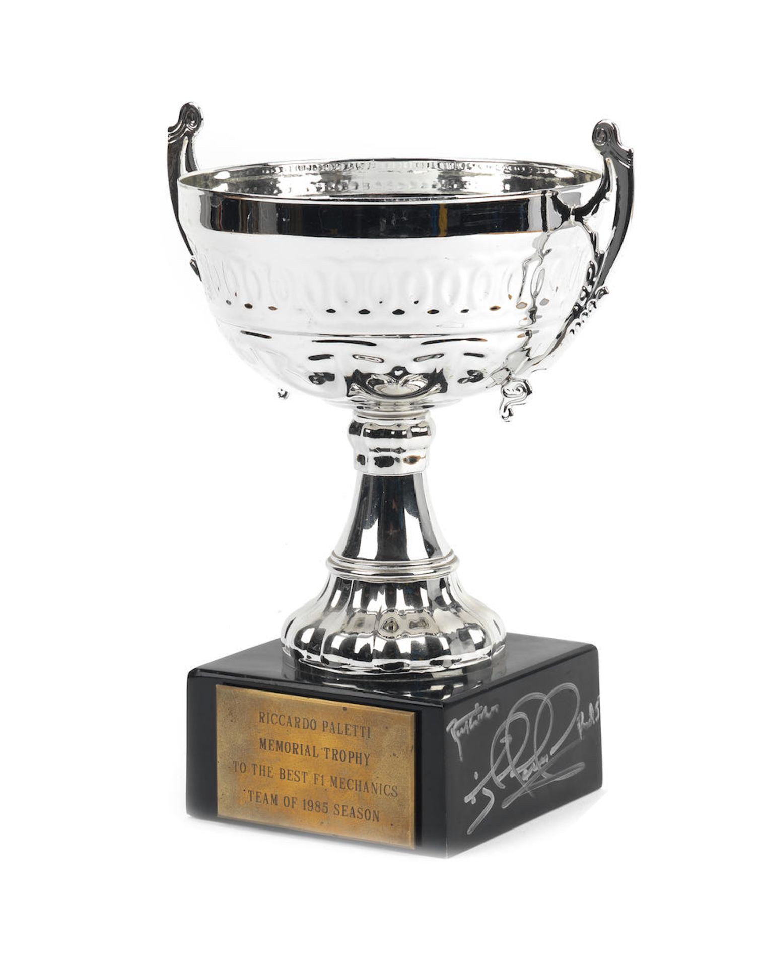 The Riccardo Paletti Memorial Trophy awarded to the 1985 Williams F1 team, signed by Nigel Mansell,