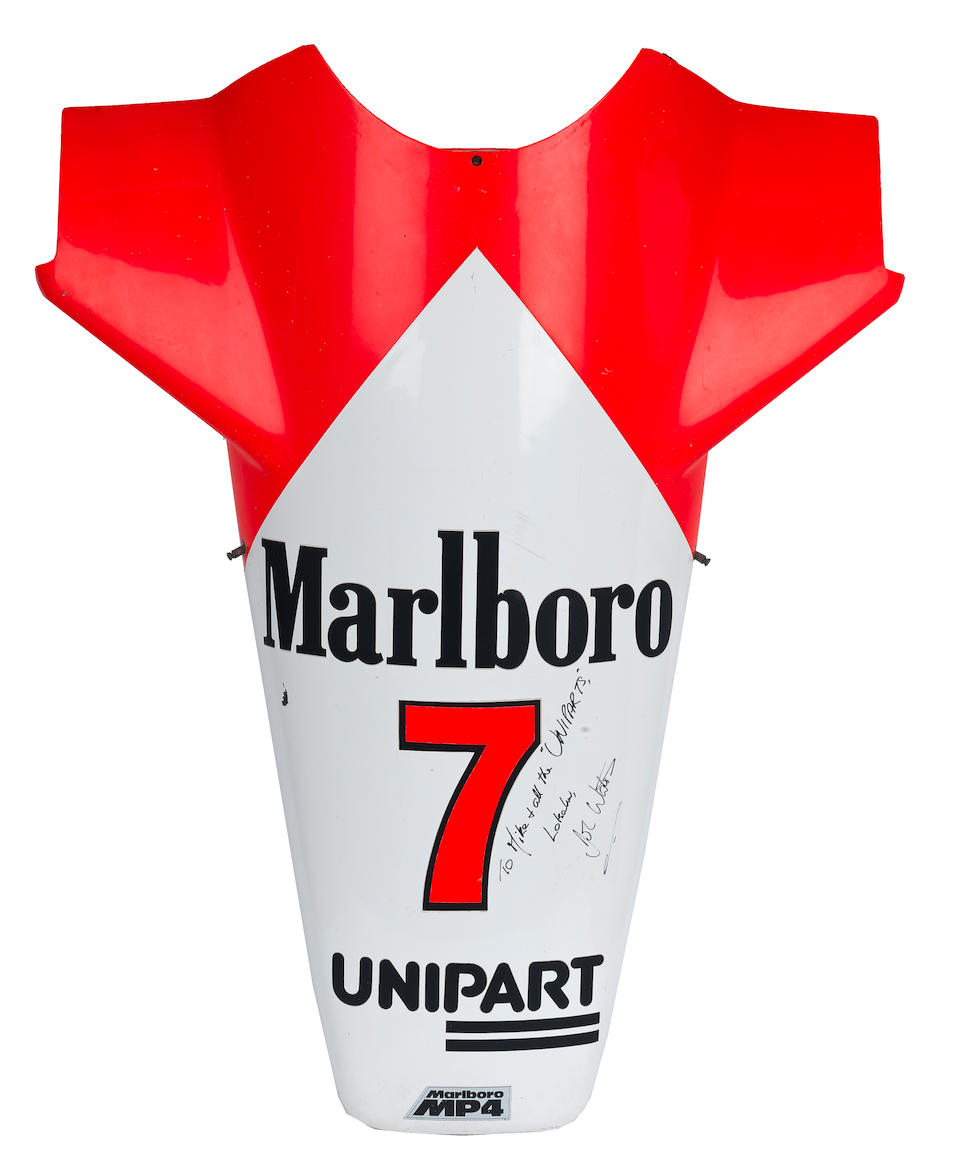 A signed McLaren MP4 nose cone from the 1981 British Grand Prix weekend winning car, driven by J...