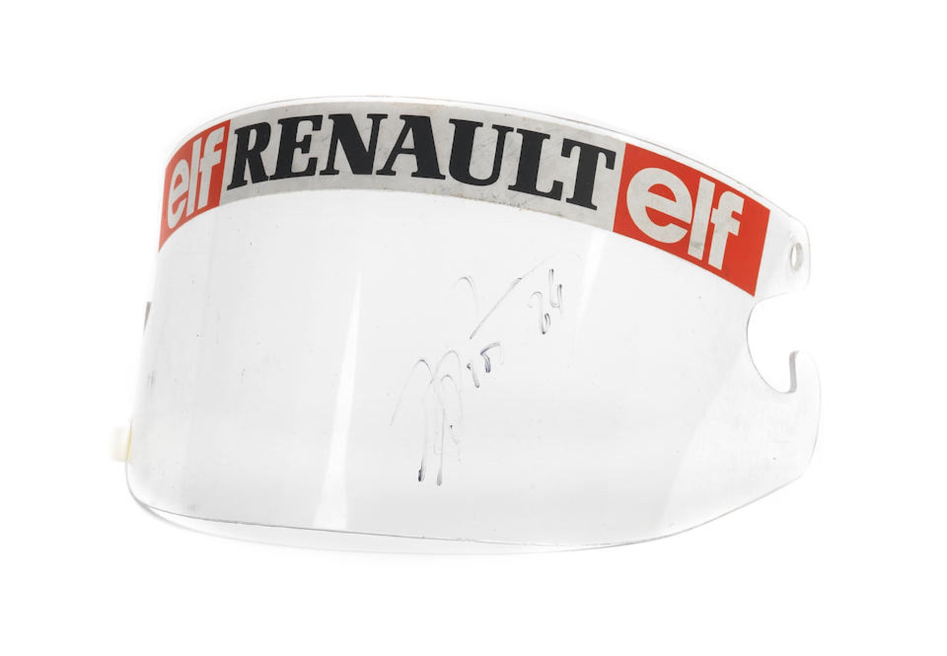 A signed and used Alain Prost 1983 helmet visor,