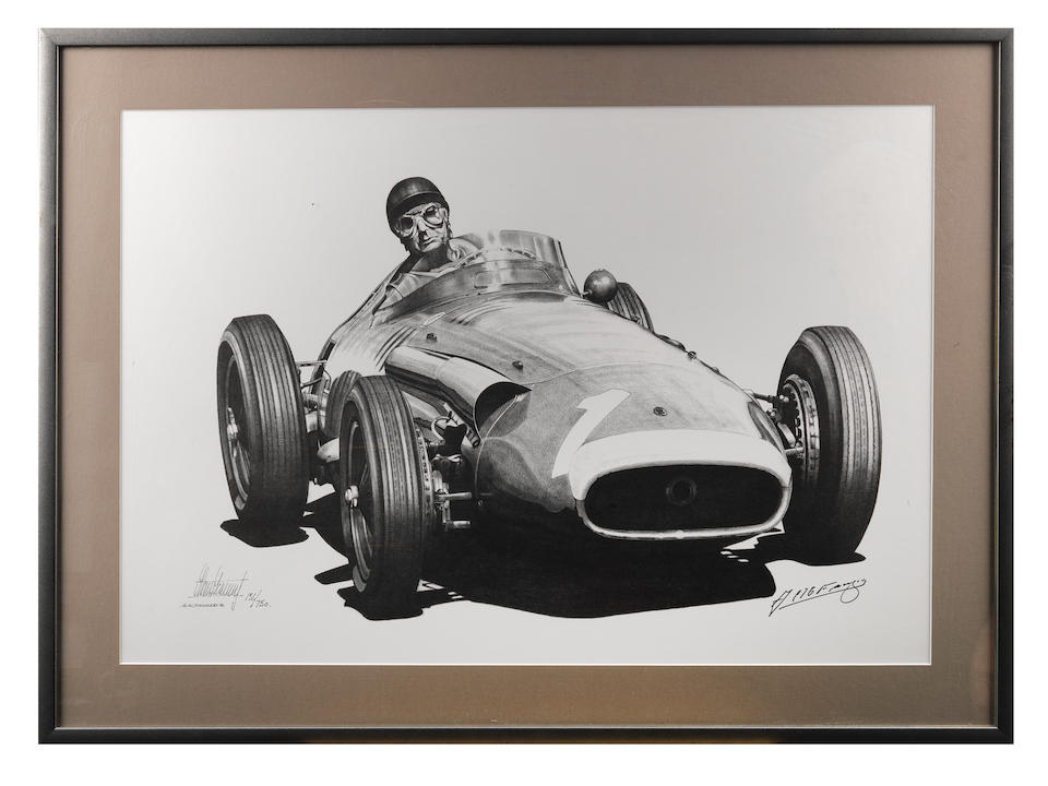 A signed Juan Manuel Fangio print, after Alan Stammers,