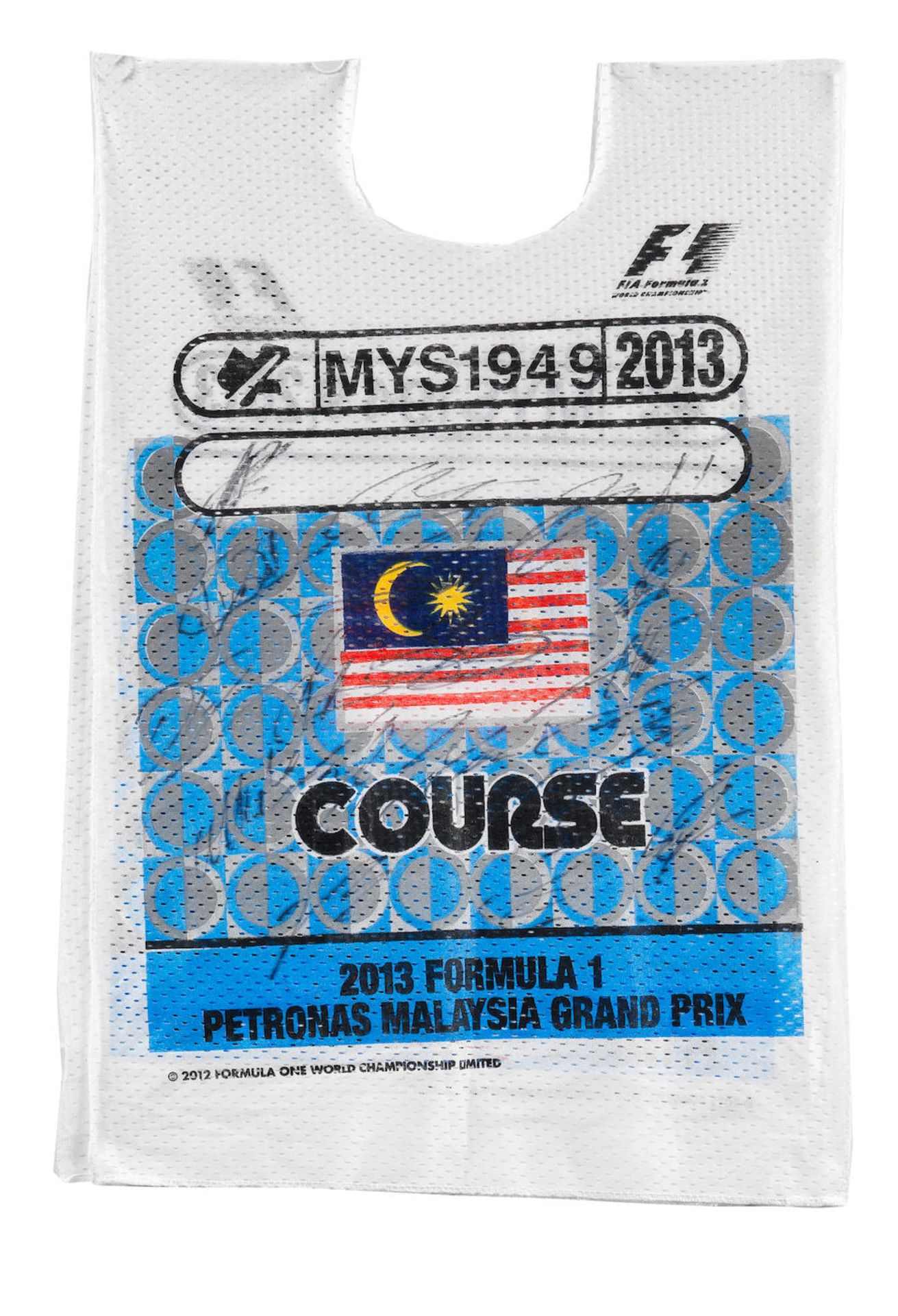 A signed 2013 Malaysian Grand Prix F1 Tabard,