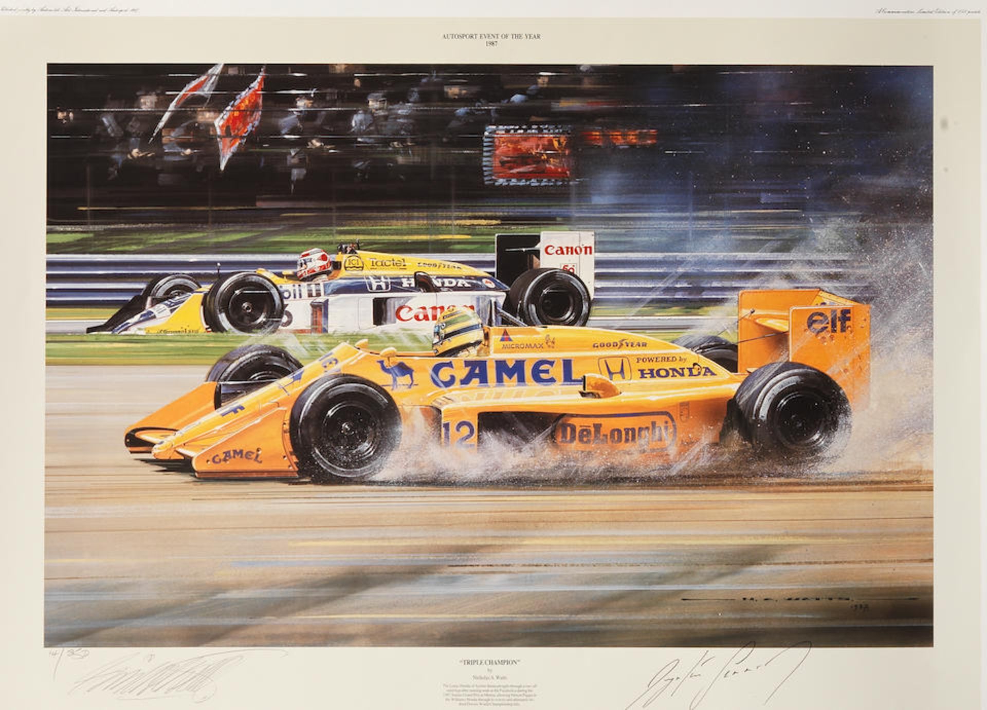 'Triple Champion', a print after Nicholas Watts & one of only sixteen signed by Ayrton Senna,