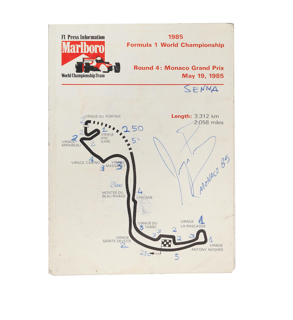 A press map of the 1985 Monaco circuit, signed and annotated by Ayrton Senna,