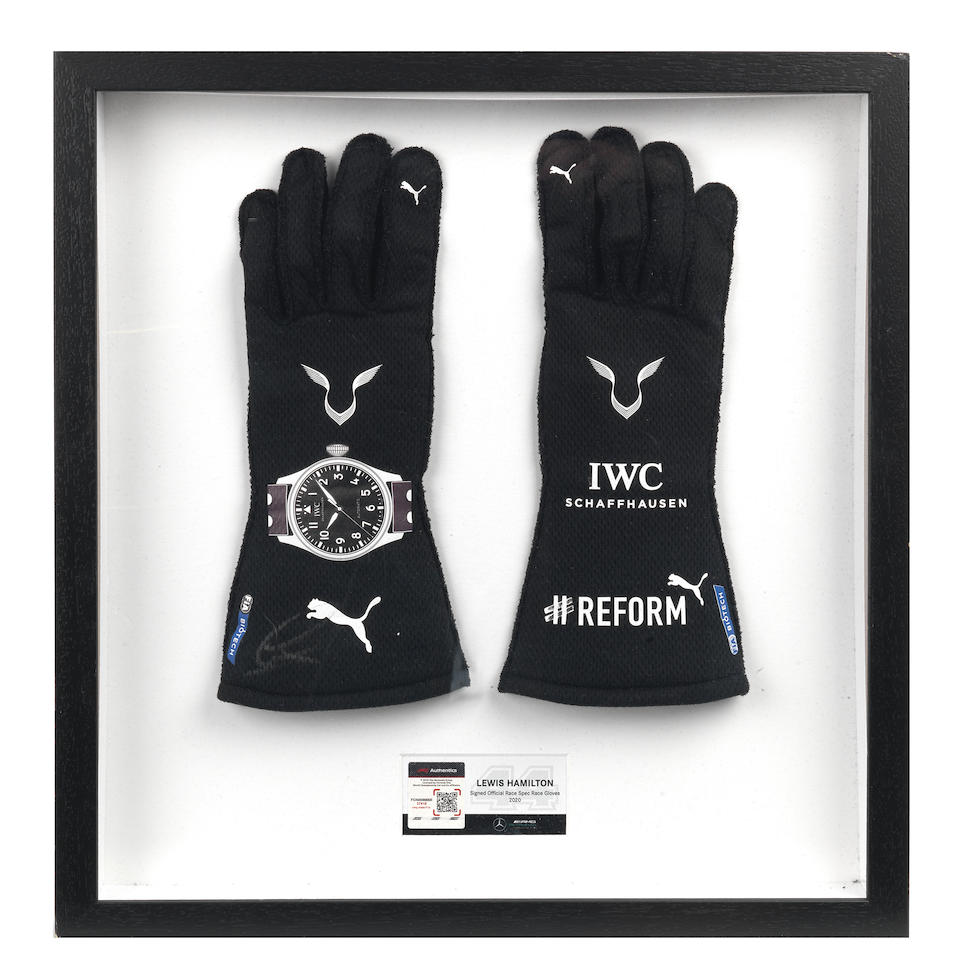A signed pair of Lewis Hamilton Mercedes AMG Petronas F1 2020 race spec gloves,