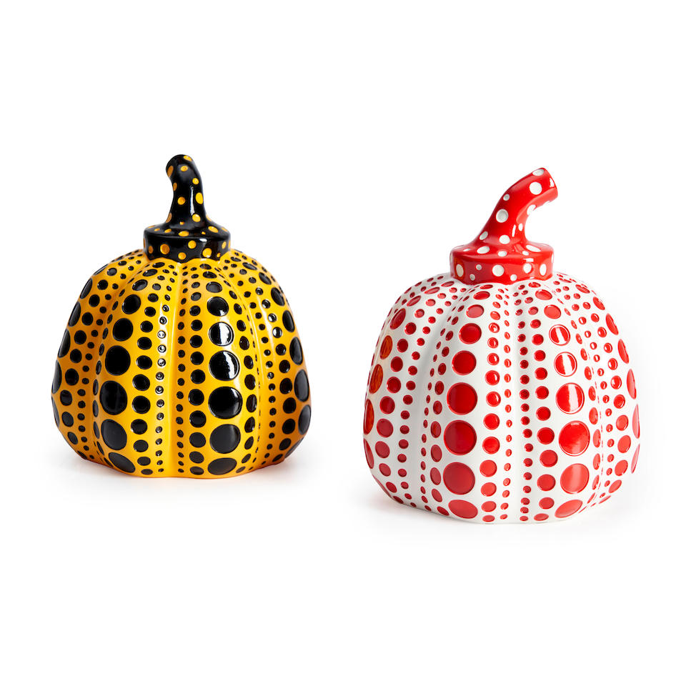 Yayoi Kusama (Japanese, born 1929); Two Pumpkins: One Yellow and Black Pumpkin and One White and...