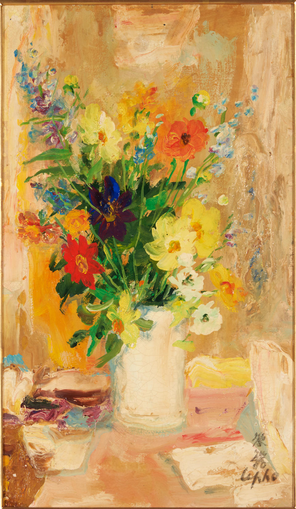 LE PHO (Vietnamese/French, 1907-2001) Les Dahlias (framed 70.5 x 51.4 x 2.5 cm (27 3/4 x 20 1/4 ...