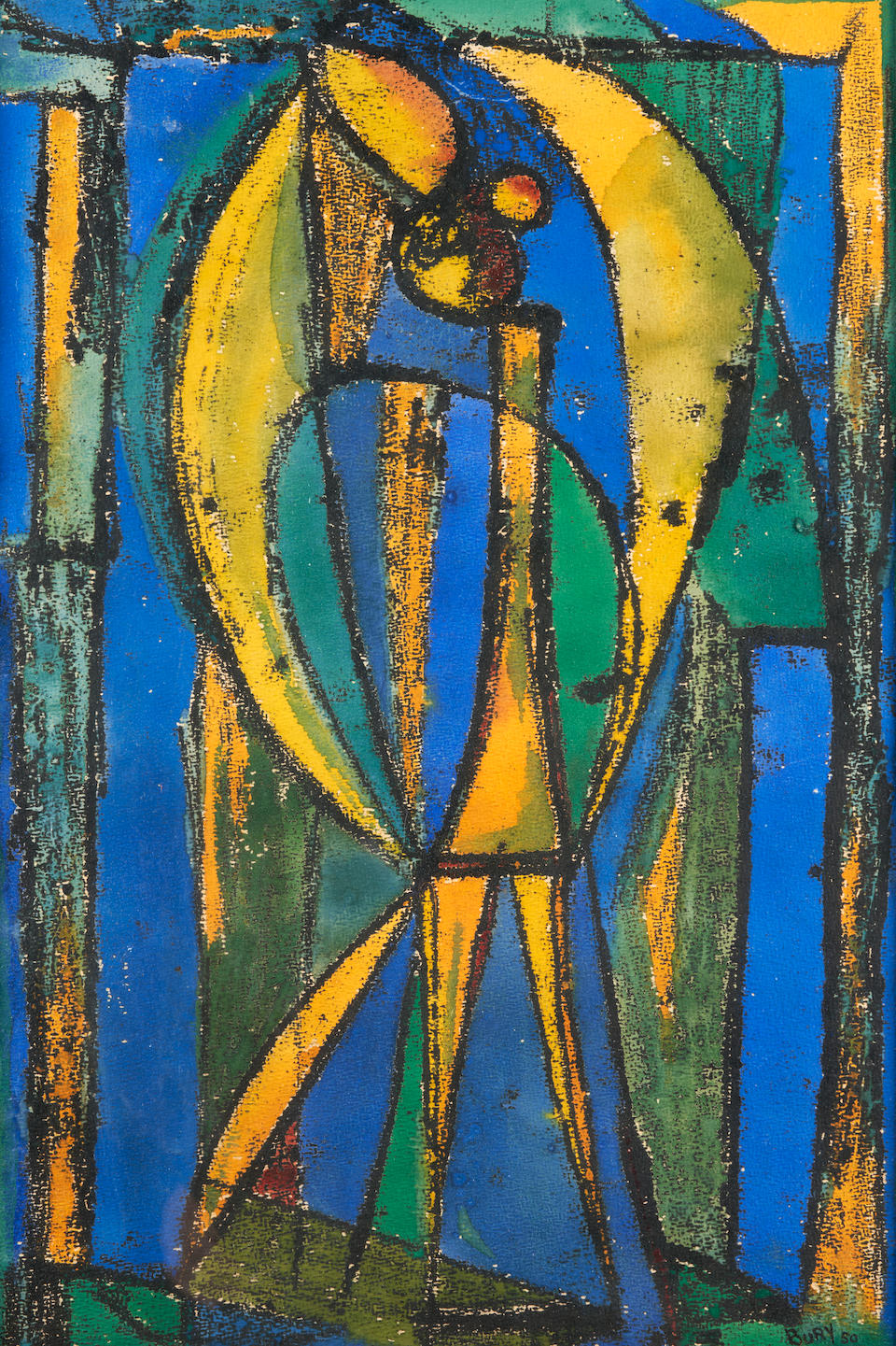 POL BURY (Belgian, 1922-2005) Untitled (Blue & Yellow Abstract) (framed 64.2 x 49.2 x 1.5 cm (25...