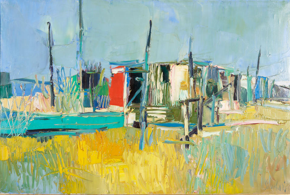 NICOLA SIMBARI (Italian, 1927-2012) Huts in Fiumicino (framed 73.0 x 102.5 x 4.0 cm (28 3/4 x 4...