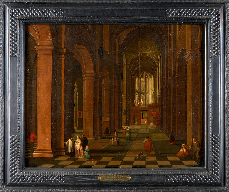 Follower of Pieter Neefs II (Flemish, 1620-after 1675) Cathedral Interior with Figures and Dogs ... - Image 2 of 3