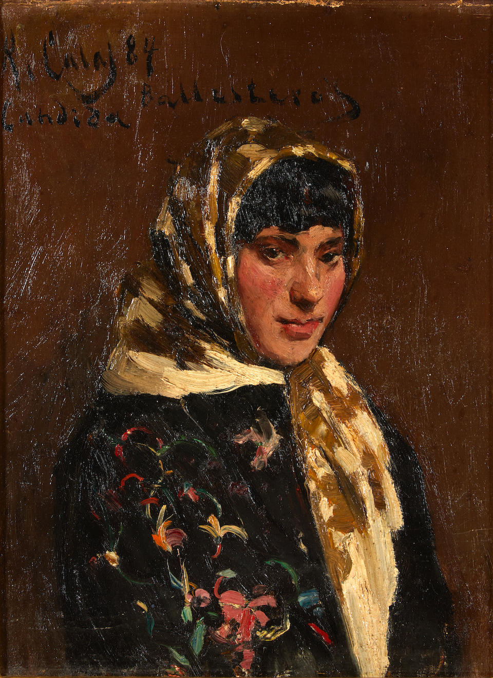 RAMON CASAS I CARBÓ (Spanish, 1866-1932) Portrait of a Candida in a Kerchief (framed 57.0 x...