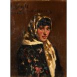 RAMON CASAS I CARBÓ (Spanish, 1866-1932) Portrait of a Candida in a Kerchief (framed 57.0 x...