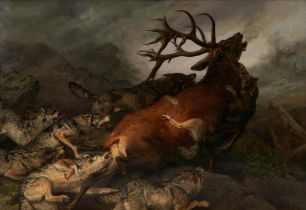 LOUIS HENRY WESTON KLINGENDER (British, 1861-1950) Wolf Pack and Stag (framed 230.0 x 332.0 x 7....