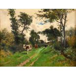 VICTOR JEAN-BAPTISTE BARTHELEMY BINET (French, 1849-1924) Cows Walking Along a Country Path (fra...