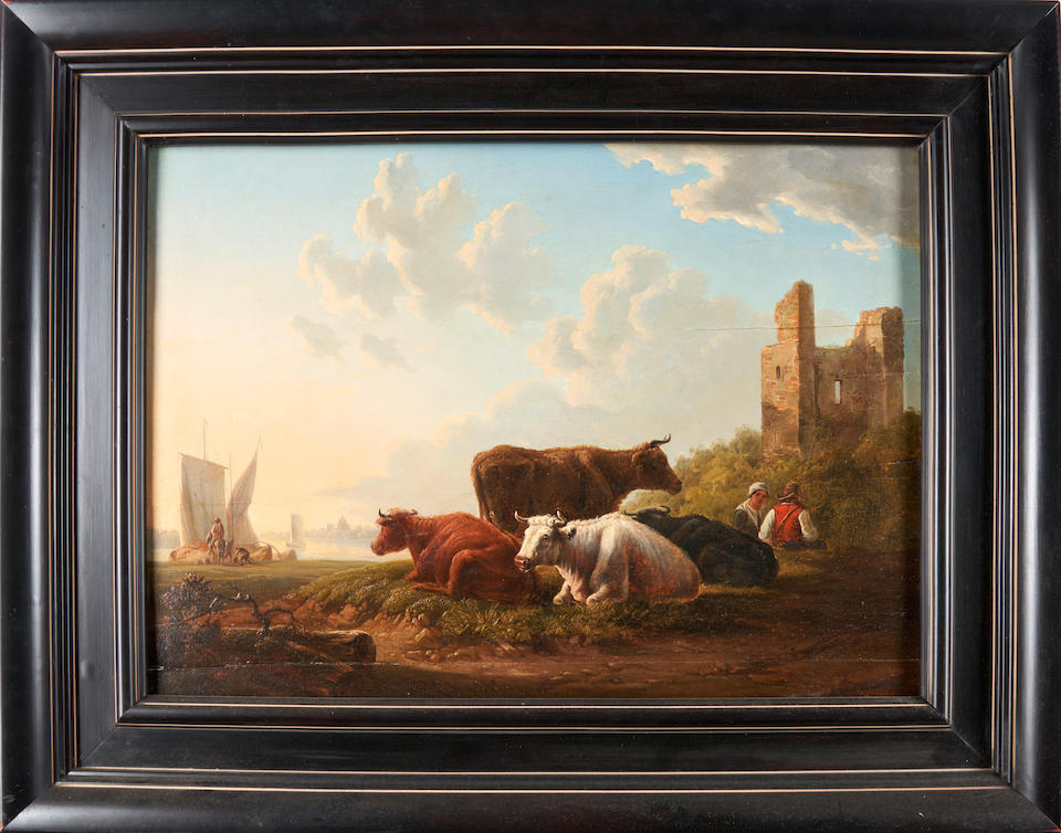 JACOB VAN STRIJ (Dutch, 1756-1815) Cattle on a Riverbank with Ruins and Boats in the Distance (f... - Image 2 of 4