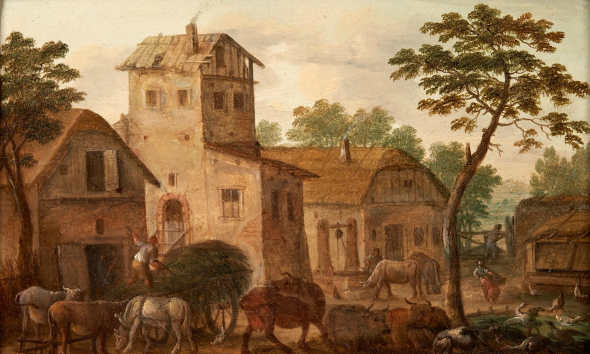 Dutch School (17th/18th Century) A Pair of Village Scenes: May Day Revelers and Farmyard with Li... - Image 2 of 4
