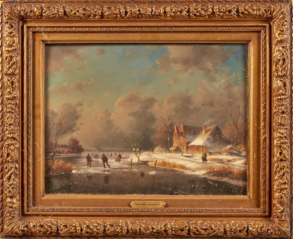 Attributed to Charles Henri Joseph Leickert (Dutch, 1816-1907) Skating on a Frozen River (framed... - Image 2 of 3