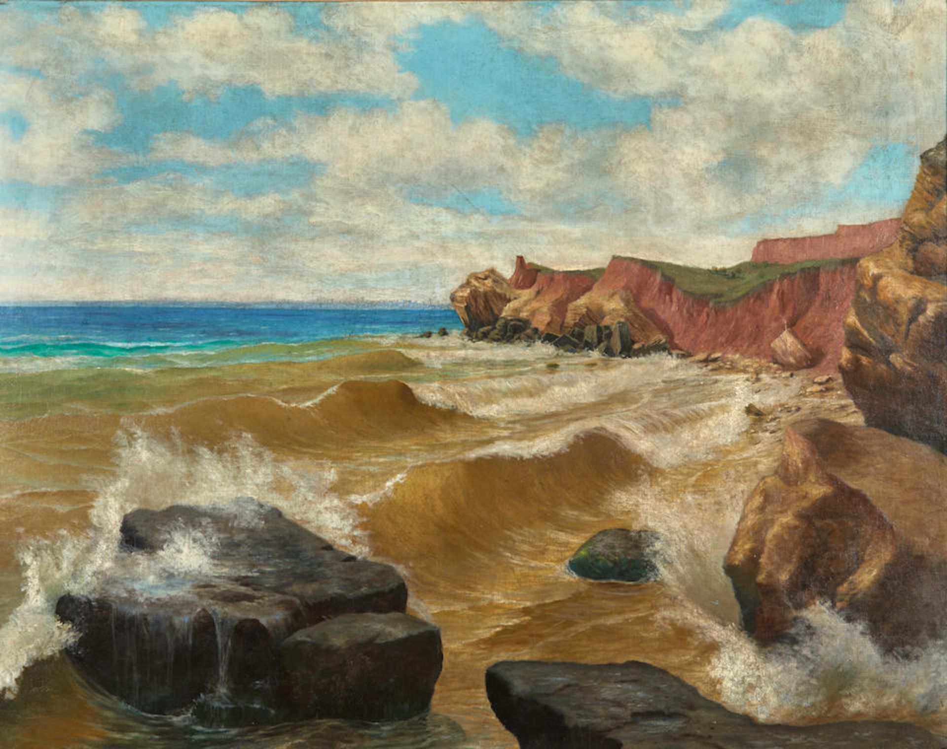 SOTER JAXA-MALACHOWSKI (Polish, 1867-1952) Surf Crashing on a Beach below Red Cliffs (framed 111...