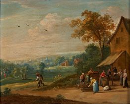 Dutch School (18th Century) A Panoramic Valley Landscape with Winemakers (framed 27.5 x 31.5 x 4...