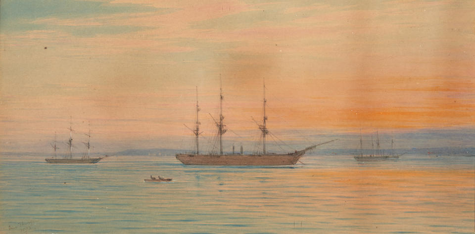 JOHN THORPE (British, 1834-1876) Boats in the Harbor at Sunset