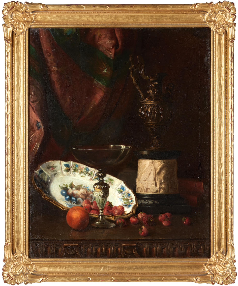 JOSEPH MILLION (French, 1861-1931) Still Life with Fruit Before an Ornate Curtain (framed 96.7 x... - Image 4 of 4