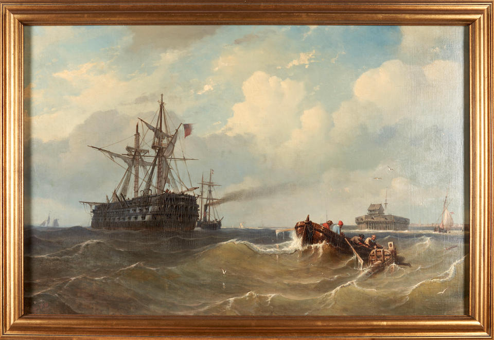 PETRUS PAULUS SCHIEDGES (Dutch, 1812-1876) British Man of War Retrieves the Mast off Calais (fra... - Image 4 of 4